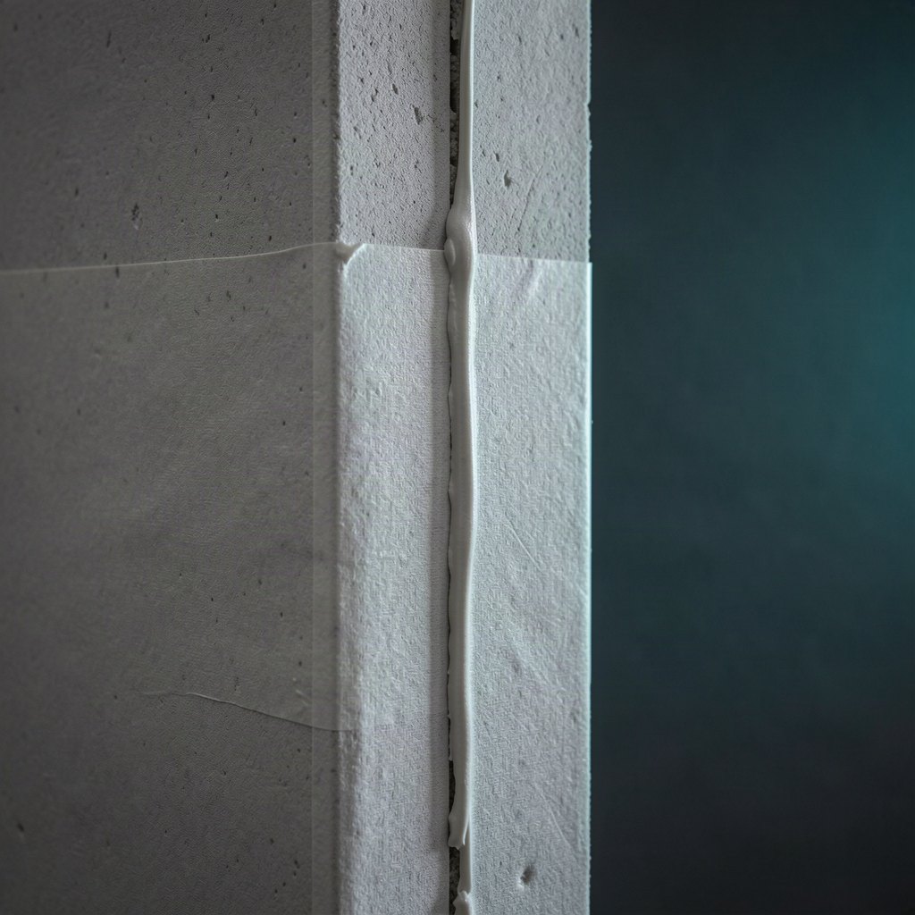 Close-up of a taped and jointed plasterboard seam