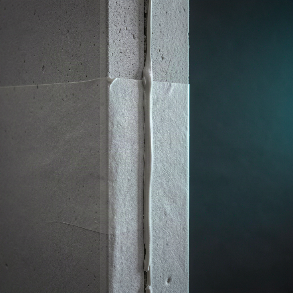 Close-up of a taped and jointed plasterboard seam