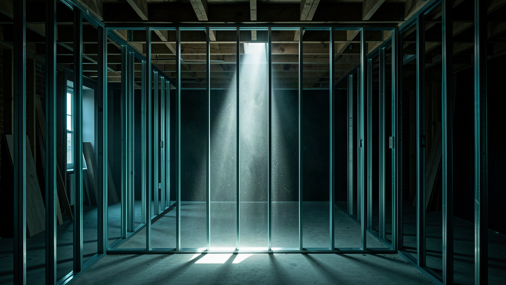 Metal stud partition framing in a London apartment